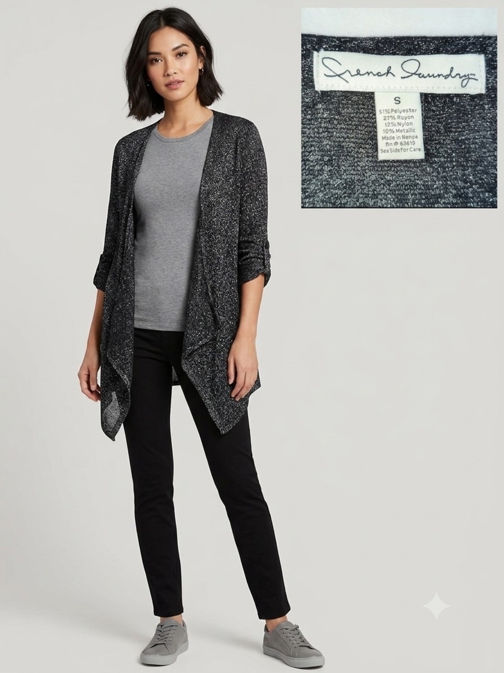 French Laundry Black & Gray Metallic Draped Open-Front Cardigan